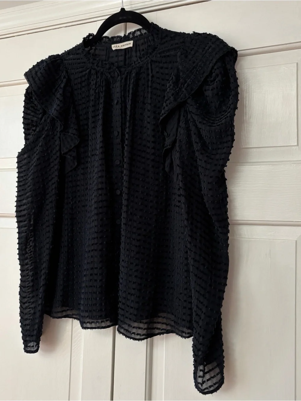 Ulla Johnson Fiona‎ Blouse Noir Navy Black Swiss Dot Silk Puff Sleeve Top Size 2
